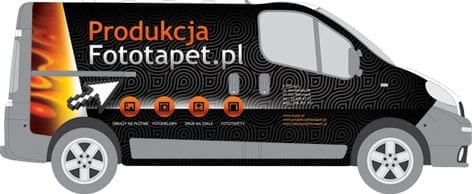 Czarny bus dostawczy z oklejeniem reklamowym Produkcja fototapet.pl i ikonami usług