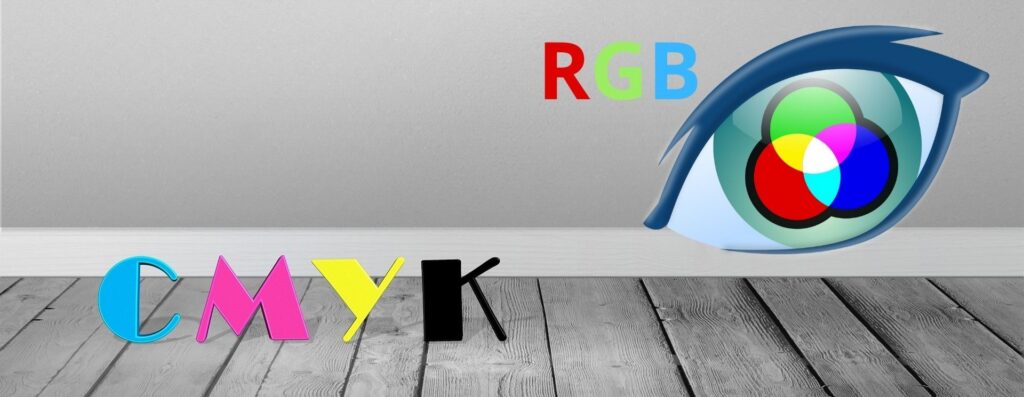 Kolorowe litery RGB i CMYK na szarym tle jako porównanie trybów barwnych