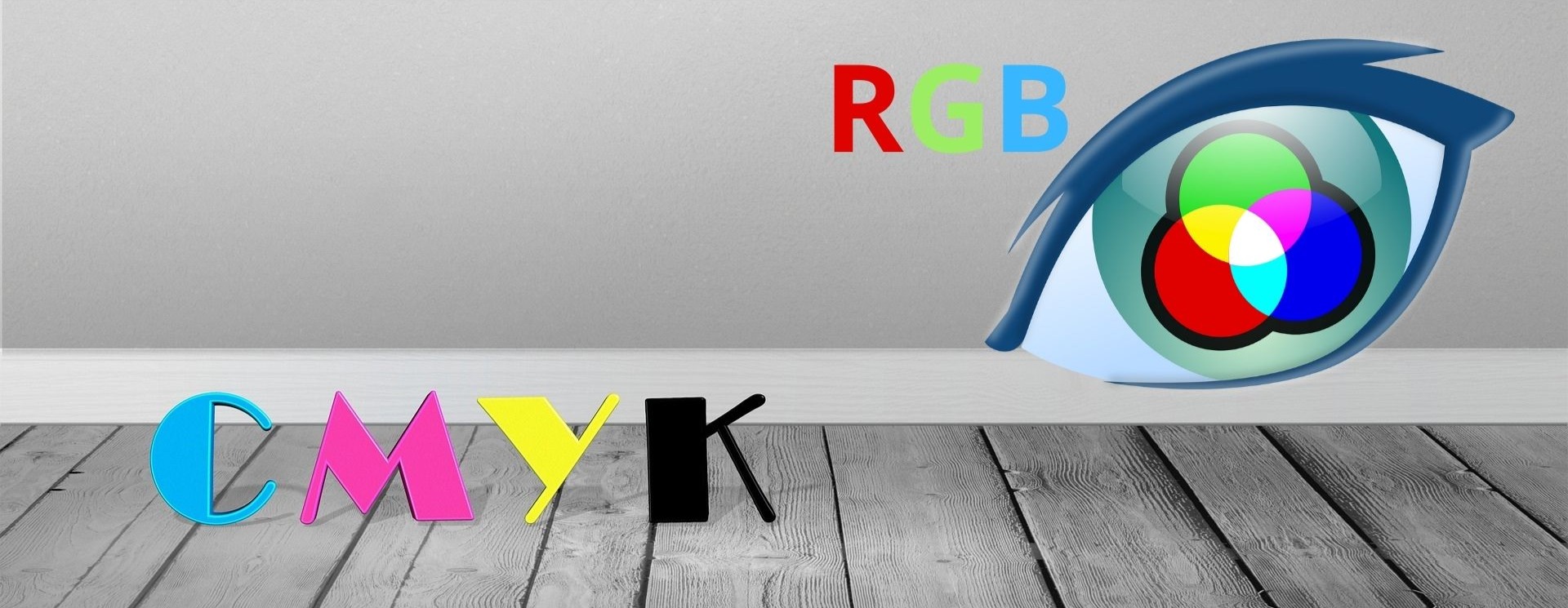 Kolorowe litery RGB i CMYK na szarym tle jako porównanie trybów barwnych