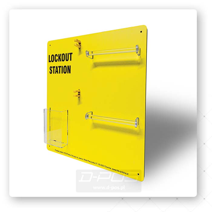 Żółta tablica BHP z PCV z napisem Lockout Station i uchwytami na kłódki
