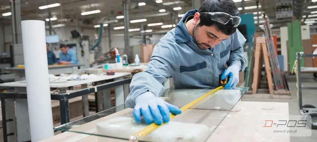 Pracownik w rękawicach mierzy taśmą arkusz materiału w hali produkcyjnej