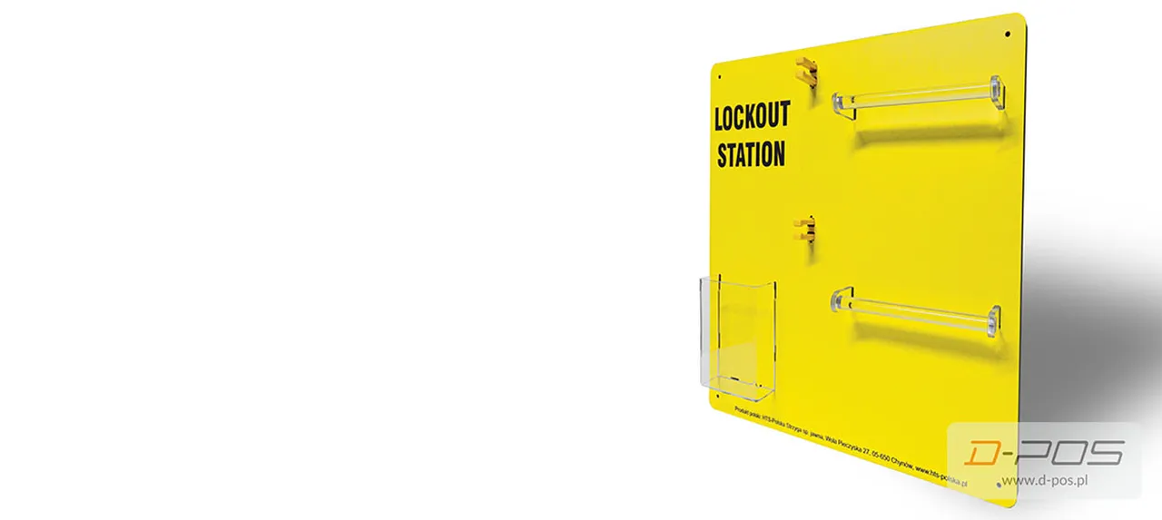 Żółta tablica PCV z napisem Lockout Station i kieszenią na dokumenty