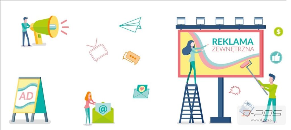 Ilustracja kobiety zawieszającej billboard na drabinie wśród ikon reklamowych